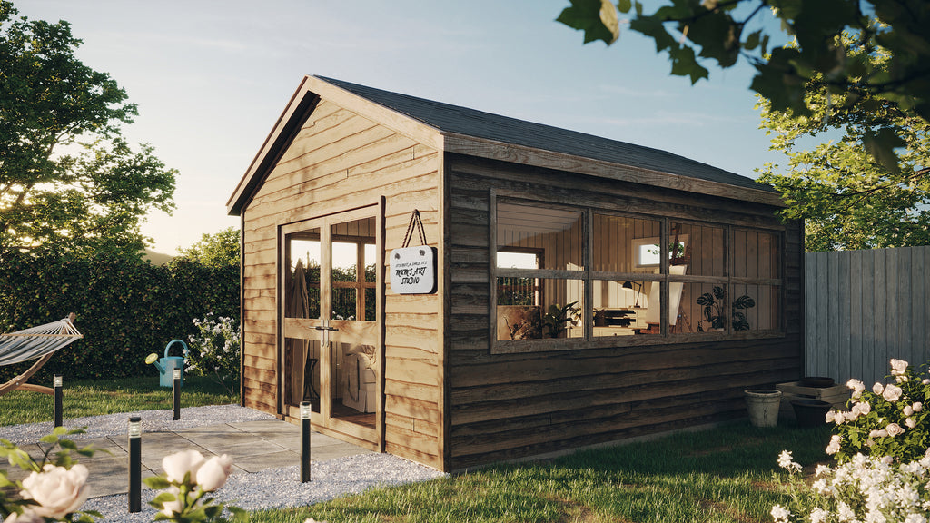 Wooden shed with acrylic windows in a garden setting